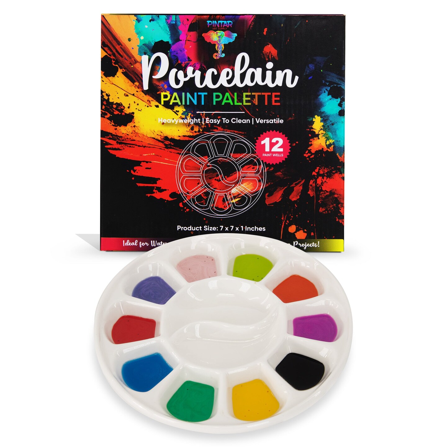 Pintar Ceramic Watercolor Paint Palette Tray - 12 Well Round Ceramic Palette | 7 Inch Paint Pallet | Durable Watercolor Palette Tray for Oil, Acrylic, Gouache &#x26; All Water-Based Paints