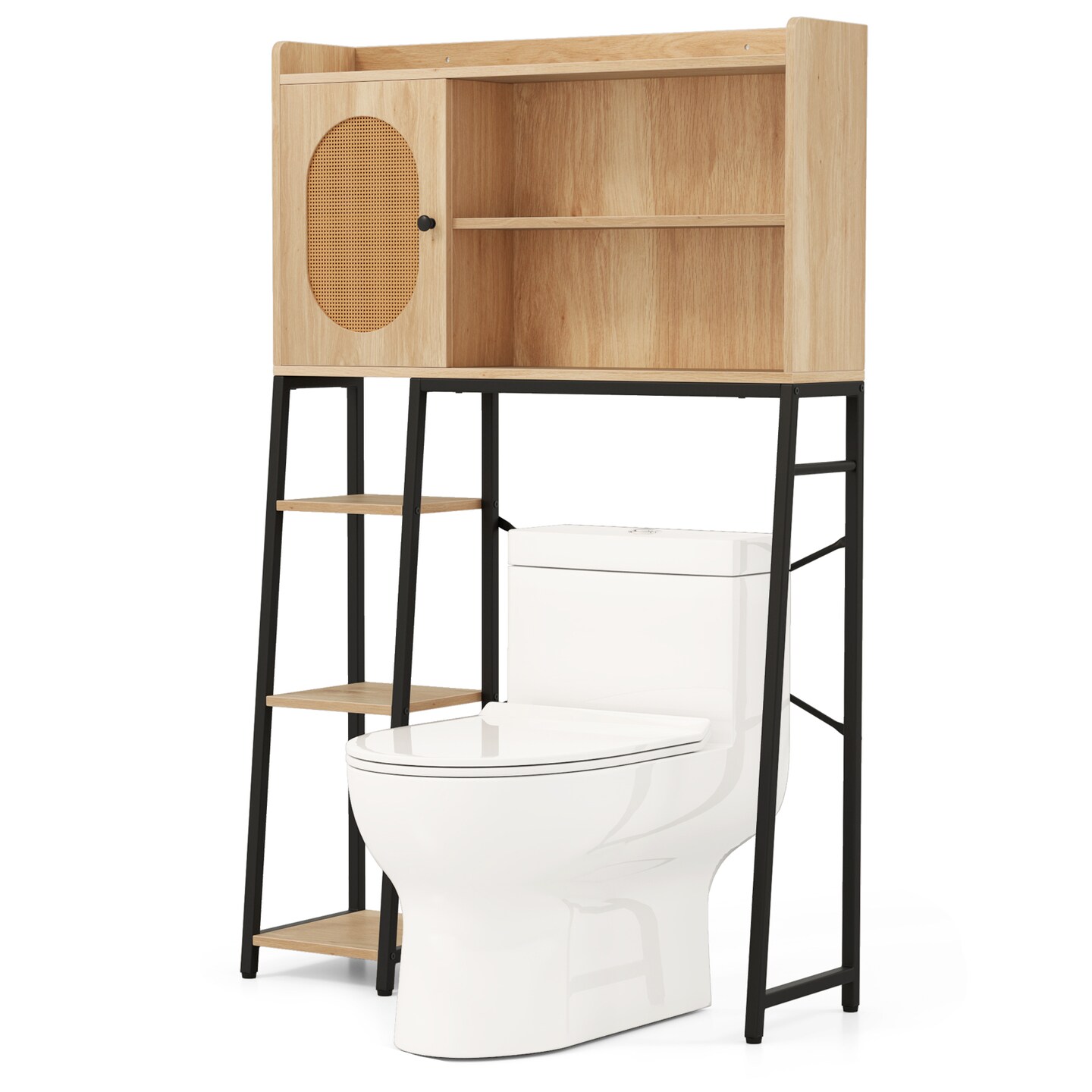 Natural PE Rattan and Engineered Wood Toilet Rack with Adjustable Shelves