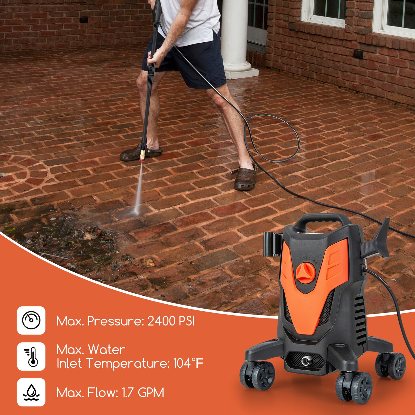 2400 PSI Electric Pressure Washer with 4 Universal Wheels Ideal for Clean to All Type of Surface