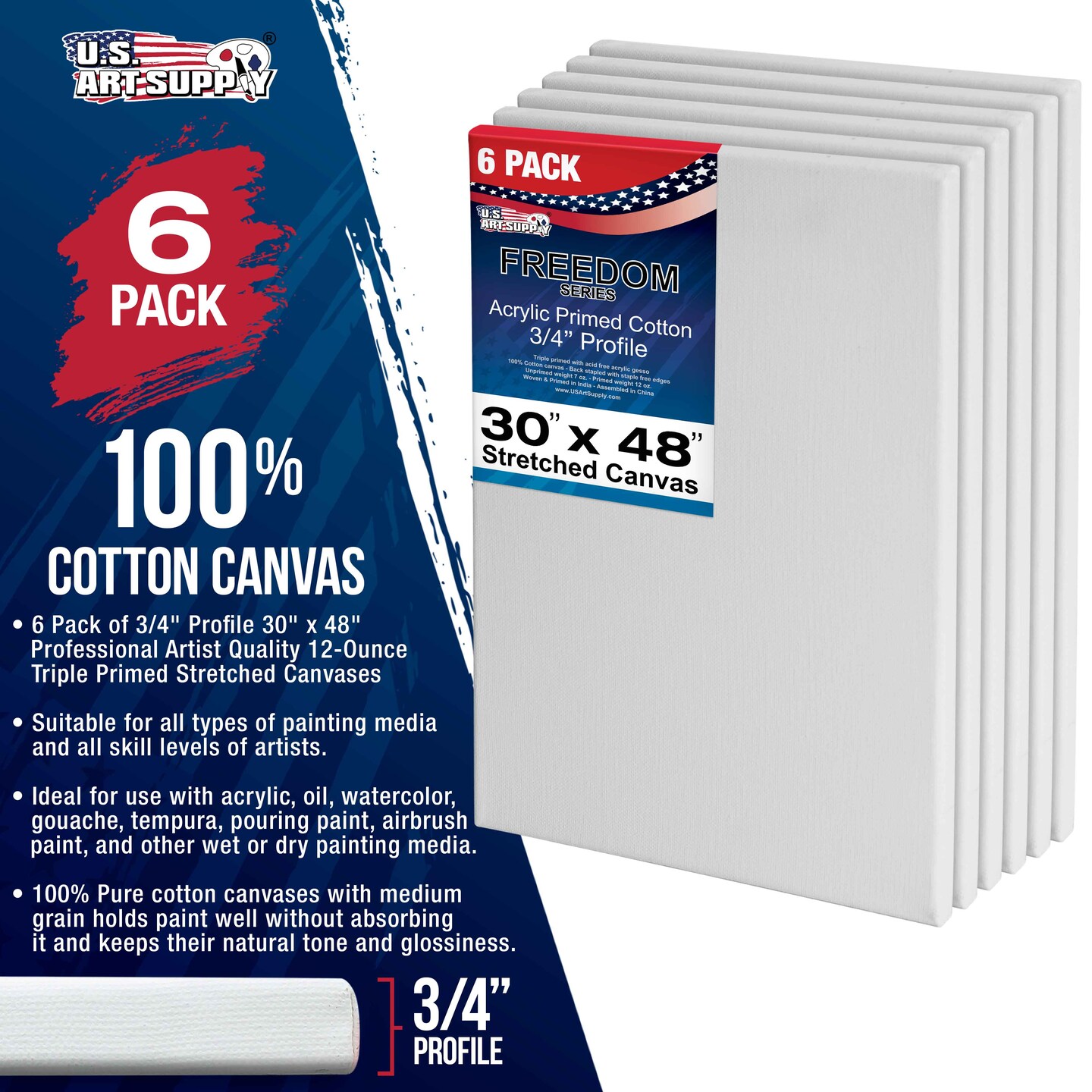 30 x 48 inch Stretched Canvas 12-Ounce Triple Primed, 6-Pack - Professional Artist Quality White Blank 3/4&#x22; Profile, 100% Cotton, Heavy-Weight Gesso