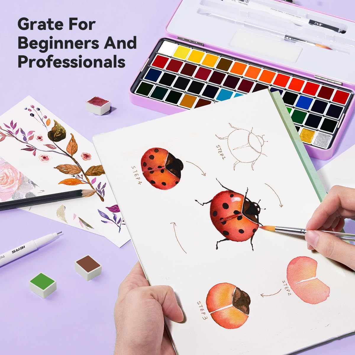 Watercolor Paint Set 52 Colors in Half Pans with Drawing Pencil, Paint Brushes, 5 Watercolor Paper, Sponge, Black Drawing Pens, Art Supplies for Adults Travel Watercolor &#x26; Purple Box