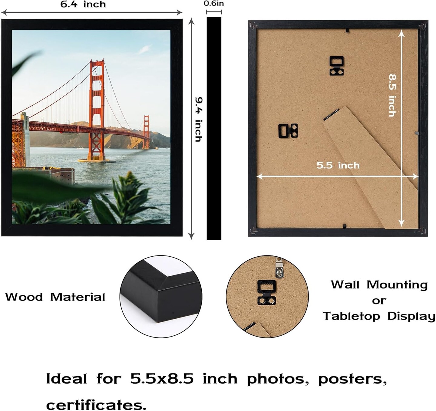 5.5x8.5 Picture Frame Black for Wall Hanging or Tabletop, 5.5 x 8.5 Frame Composite Wood Wall Gallery Photo Frame, Black