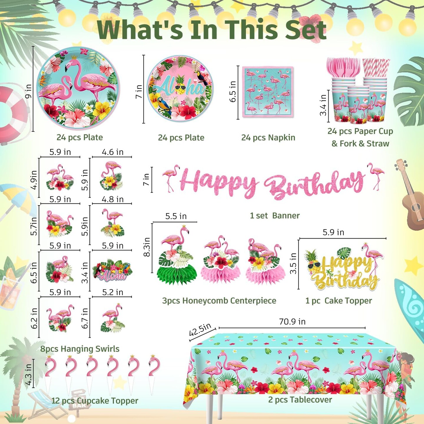179pcs Flamingo Summer Decorations, Complete Paper Tableware Set Includes Paper Plates 2 Tablecloths Cupcake Toppers, Suitable for Flamingo Summer Tropical and Aloha Theme Parties