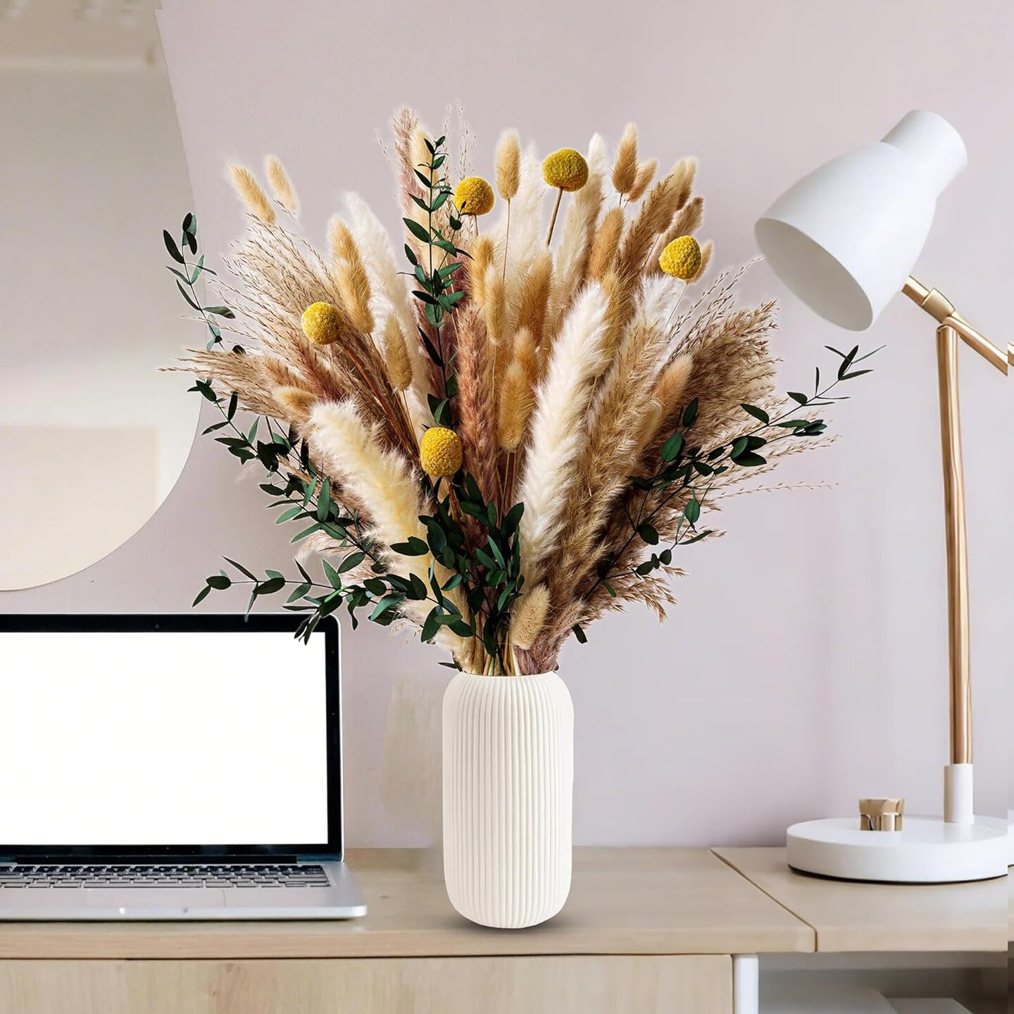Boho Dried Flowers Bouquet &#x2013; Olive Green Wall Decor, Pampas Grass Bouquet, Rustic Flower Arrangement, Moody Office &#x26; Bedroom Decor
