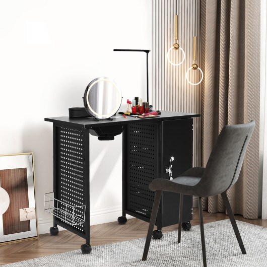Black Deluxe Salon Steel Frame Manicure Table with Storage Space and 5 Removable Drawers