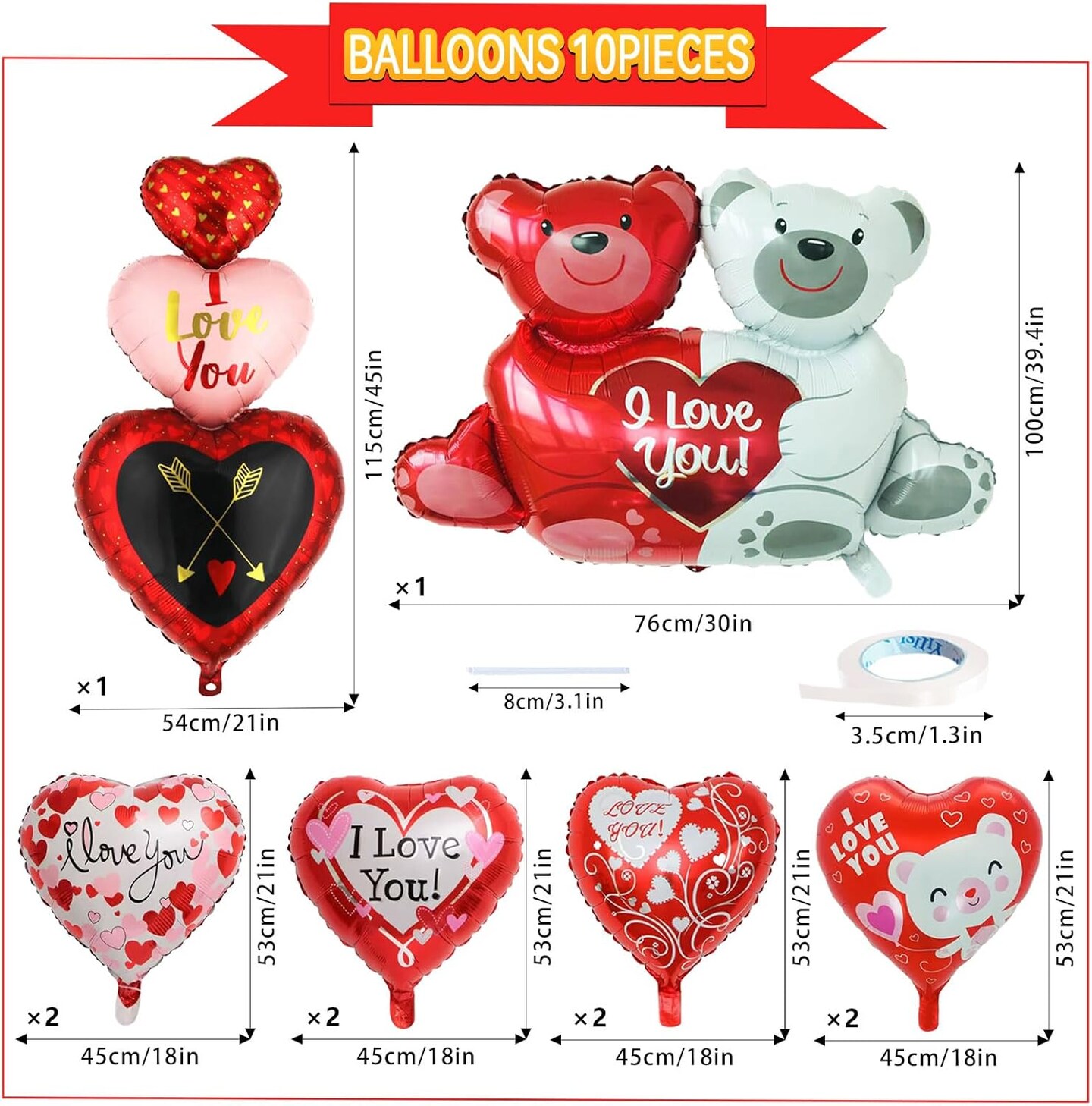 10-Pack I Love You Red Heart Mylar Balloons – Valentine’s Day, Anniversary & Wedding Decor