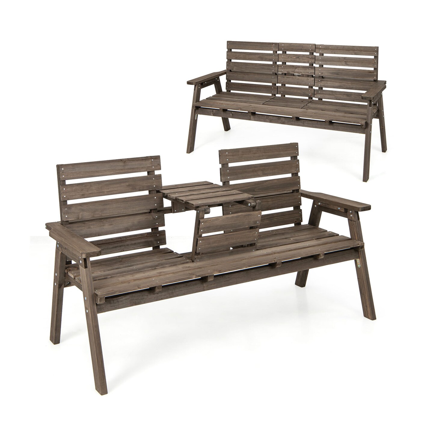 Coffee Wooden Outdoor Bench with Foldable Middle Table Ideal for 2-3 People