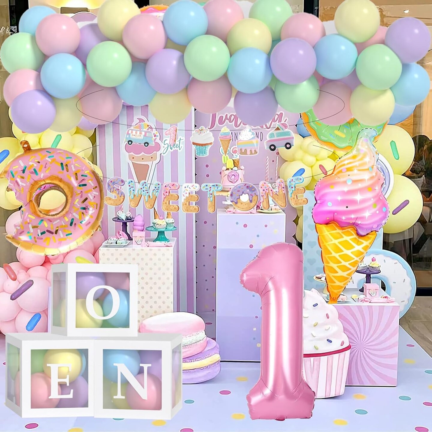 Sweet One Birthday Party Decorations, First Birthday Decorations For Girl With Pastel Balloons, 40inch Pink 1 Balloon, Sweet One Banner,O-N-E Box And Ice Cream Donuts Balloons for Party