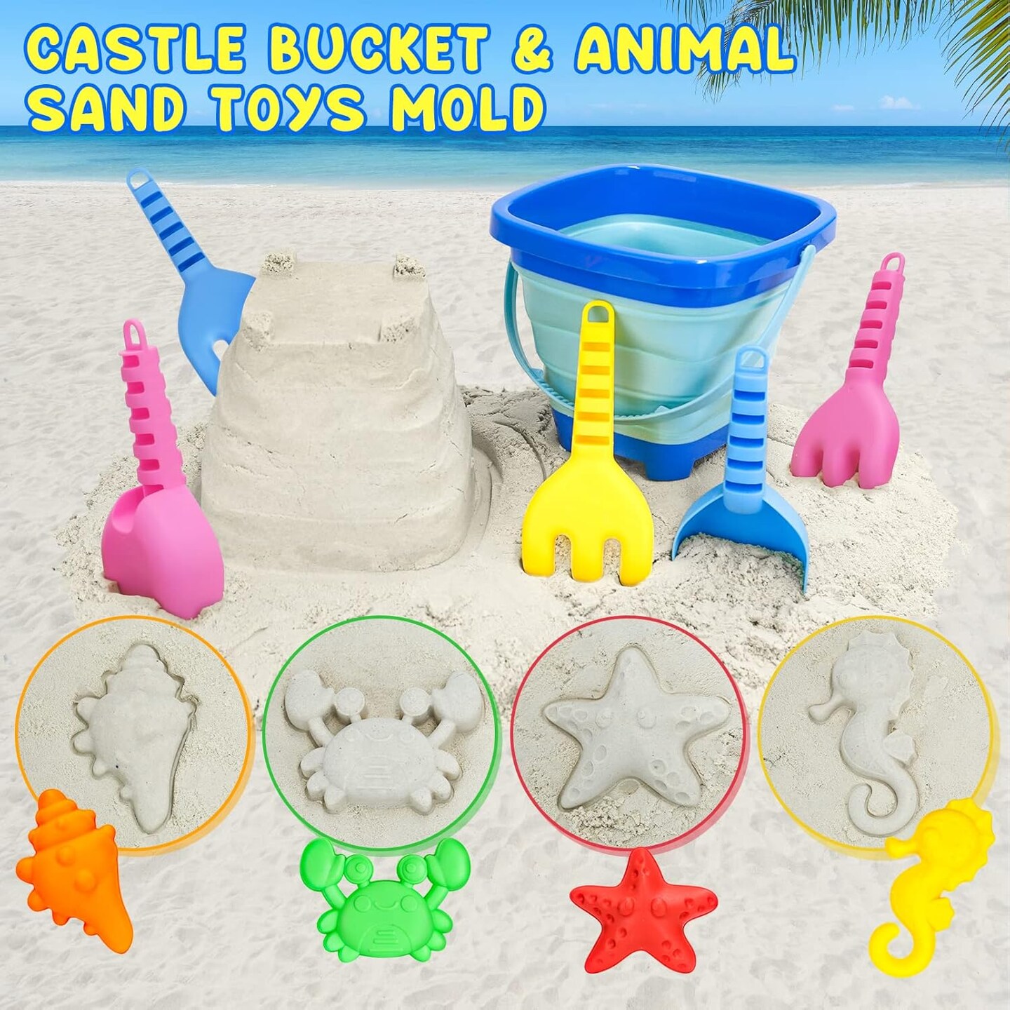Summer Beach Toys for Kids 3-10, Collapsible Sand Castle Toys for Beach Include 3 Pack Foldable Buckets, Shovels Molds and Storage Mesh Bag, Sandbox Travel Toys for Toddlers Kids