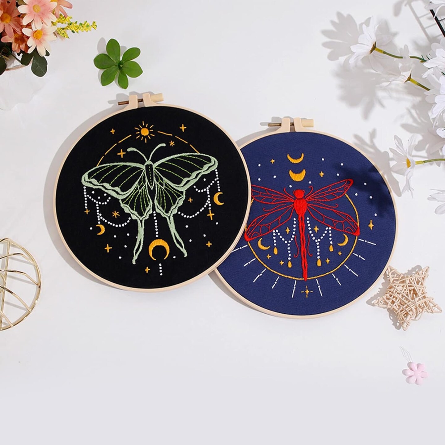 3 Set Tarot Embroidery Kits for Beginners with Moon Butterfly Dragonfly and Moth Pattern,Adults Starter Cross Stitch Kit