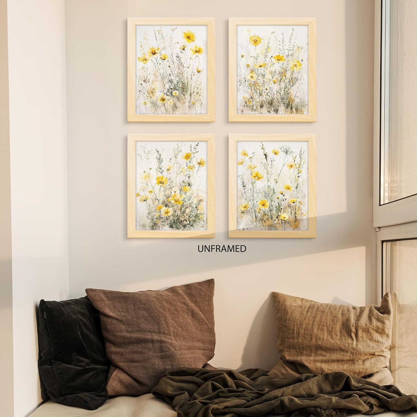 Summer Floral Wall Art Prints Set of 4, Summer Yellow Daisy Flower Wall Posters Decor for Farmhouse Home Living Room Porch Patio, Floral Poster Prints (8x10 Inches UNFRAMED)