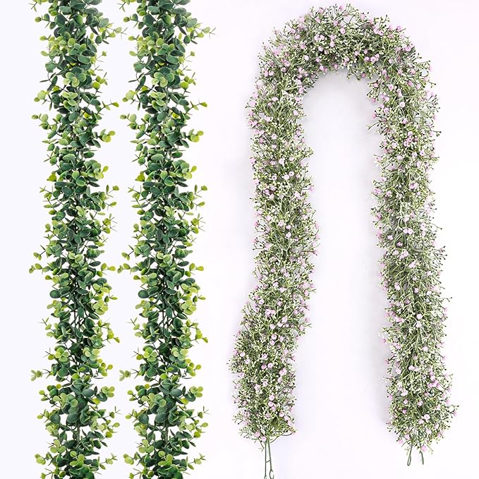 4PCS Faux Eucalyptus Garland Plant, Artificial Baby Breath Flower Vines Hanging Leaves Vines Hanging Leaves Greenery Wedding Backdrop Arch Wall Decor, Indoor Outdoor 5.8 Ft&#xFF08;Pink &#x26; Green&#xFF09;