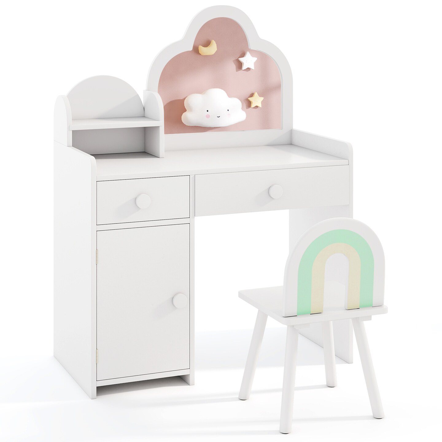 Kids Vanity Set, Cloud Shape Mirror, Storage and Pine Wood Stool
