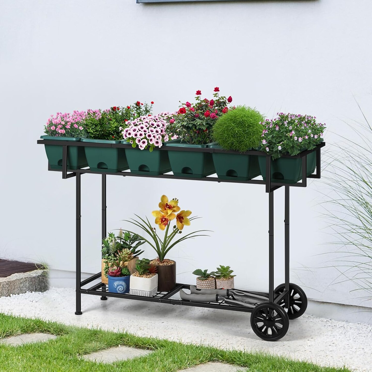 Raised Garden Bed with Wheels &#x26; Storage Shelf - 43x17x29in/109x43x74cm Elevated Planter Box, 6 Individual Planters for Vegetables, Herbs, Flowers (Green, Outdoor/Indoor)