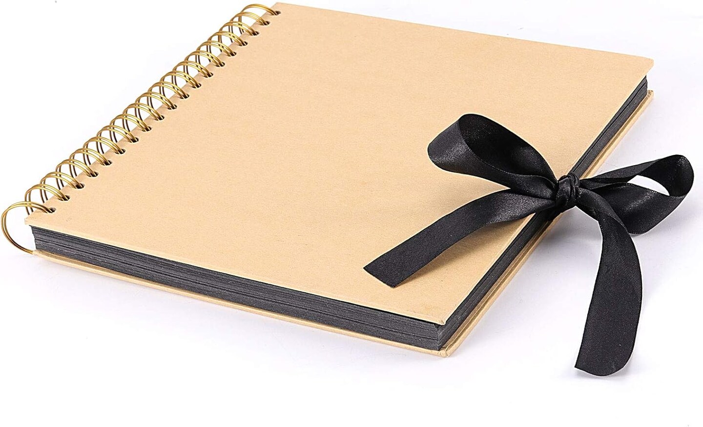 DIY Scrapbook Album, Brown Hardcover Black Paper Spiral Scrapbook Journal with Ribbon and Corner Stickers, Blank Photo Album Bulk for Anniversary Birthday Wedding