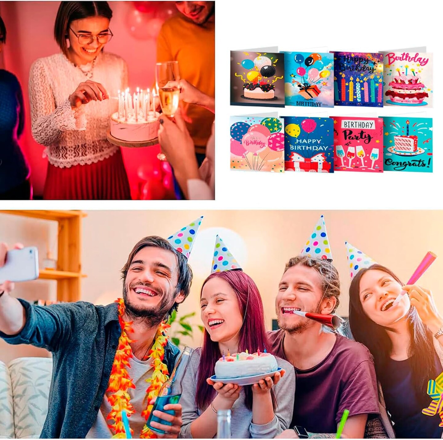 Diamond Art Painting Happy Birthday Cards, 8 Packs DIY 5D Diamond Greeting Cards Kits for Adults Diamond Art Birthday Cards with Envelopes Birthday Gifts for Families, Friends, Partners