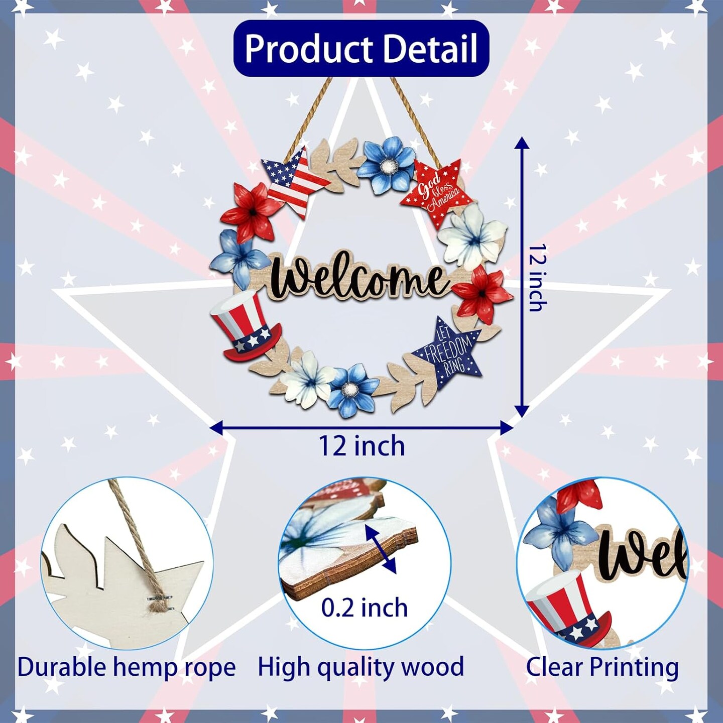 4th of July Decorations 4th of July Wreaths for Front Door Patriotic Wreath Fourth Wall Decor Memorial Day Wooden Welcome Sign Hanging Decor for Porch Wall Indoor Home Decor