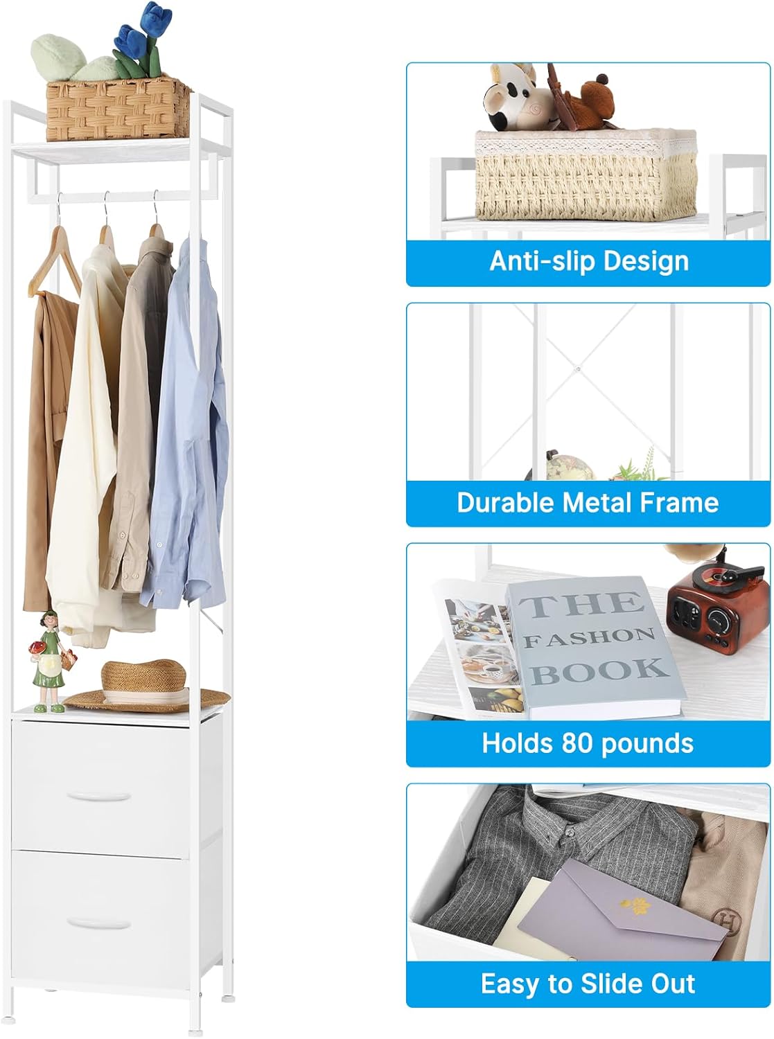 White Heavy Duty Garment Rack with 2 Fabric Drawers | 3-in-1 Freestanding Clothing Organizer | 80lb Capacity Steel Frame &#x26; X-Brace Stability
