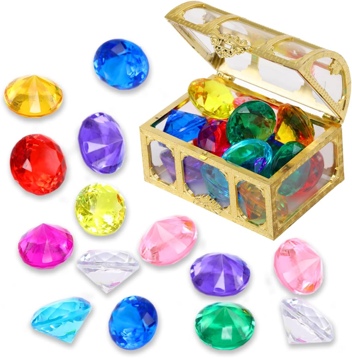 Diving gem Pool Toys Sand Toys,14 Color Diamond Treasure Chest Summer Swimming gems Pirate Diving Toy Set Underwater Swimming toyChildren&#x27;s Game Gifts for Boys and Girls(Golden)