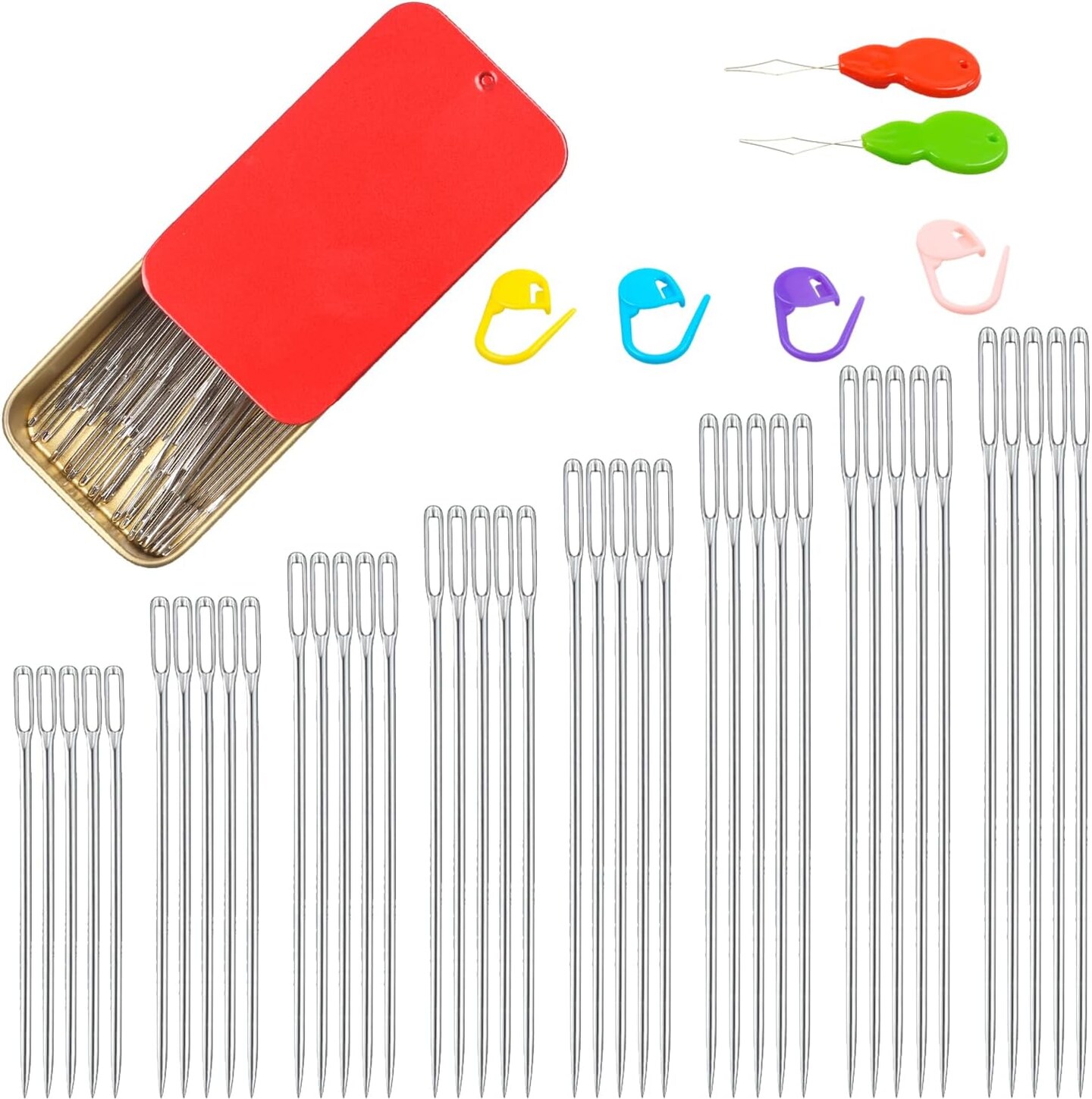 40PCS Large Eye Sewing Needles, 8 Sizes Hand Sewing Sharp Needles, Embroidery Needle, Leather Needle,Stainless Steel Yarn Needles with Threaders &#x26; Stitch Markers (Red)