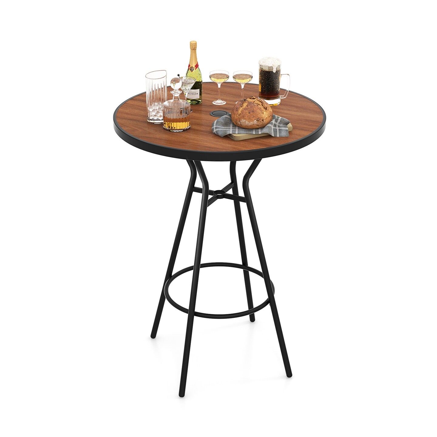 Outdoor Bar Table with Umbrella Hole, Footrest and Metal Base