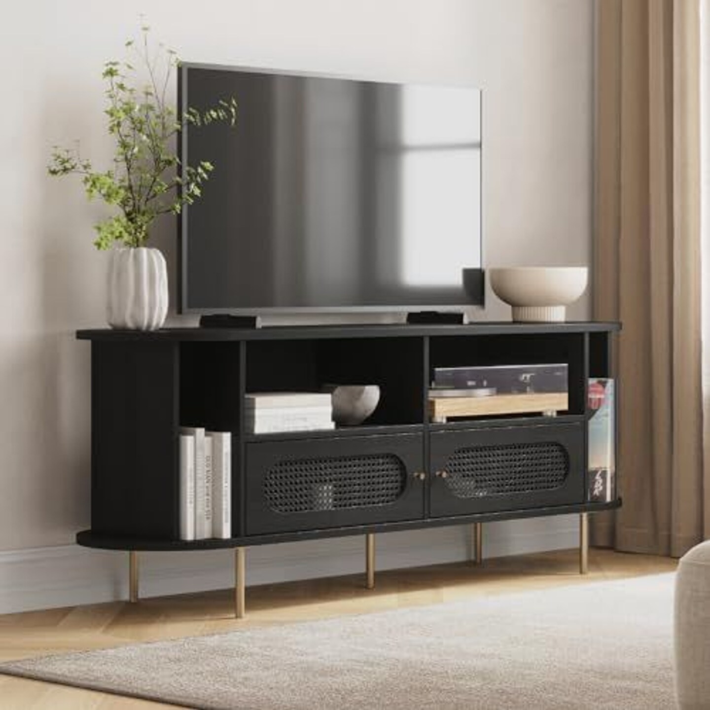 Stead Oval Rattan TV Stand, Media Console, 63&#x22; TV Entertainment Center with Storage, Console Table for Living Room and Bedrooms, Supports 32 to 65&#x22; TVs, Soft-Close Cabinet Doors, Rattan Stand (Black)