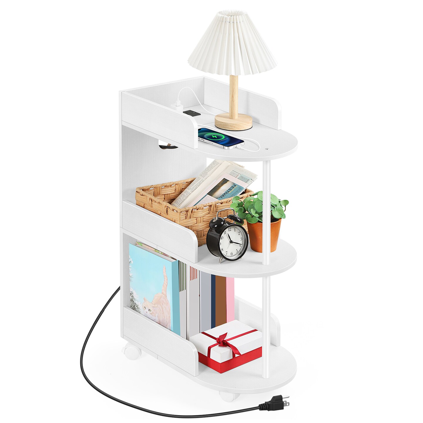 Compact 3-Tier Rolling Side Table with Built-In Charging Station - 2 USB Ports, Outlets, Edge Protection & Wheels for Bedroom, Living Room, Office, Small Spaces