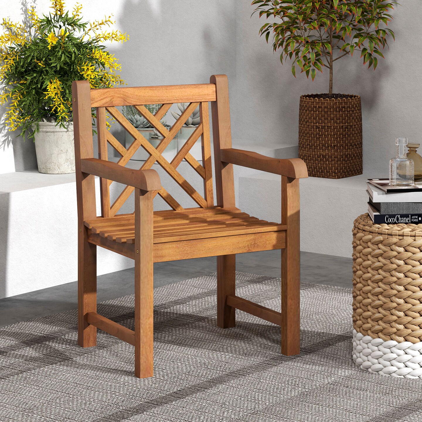 Teak Wood Patio Dining Chair with Cross Slatted Backrest and smooth Armrests