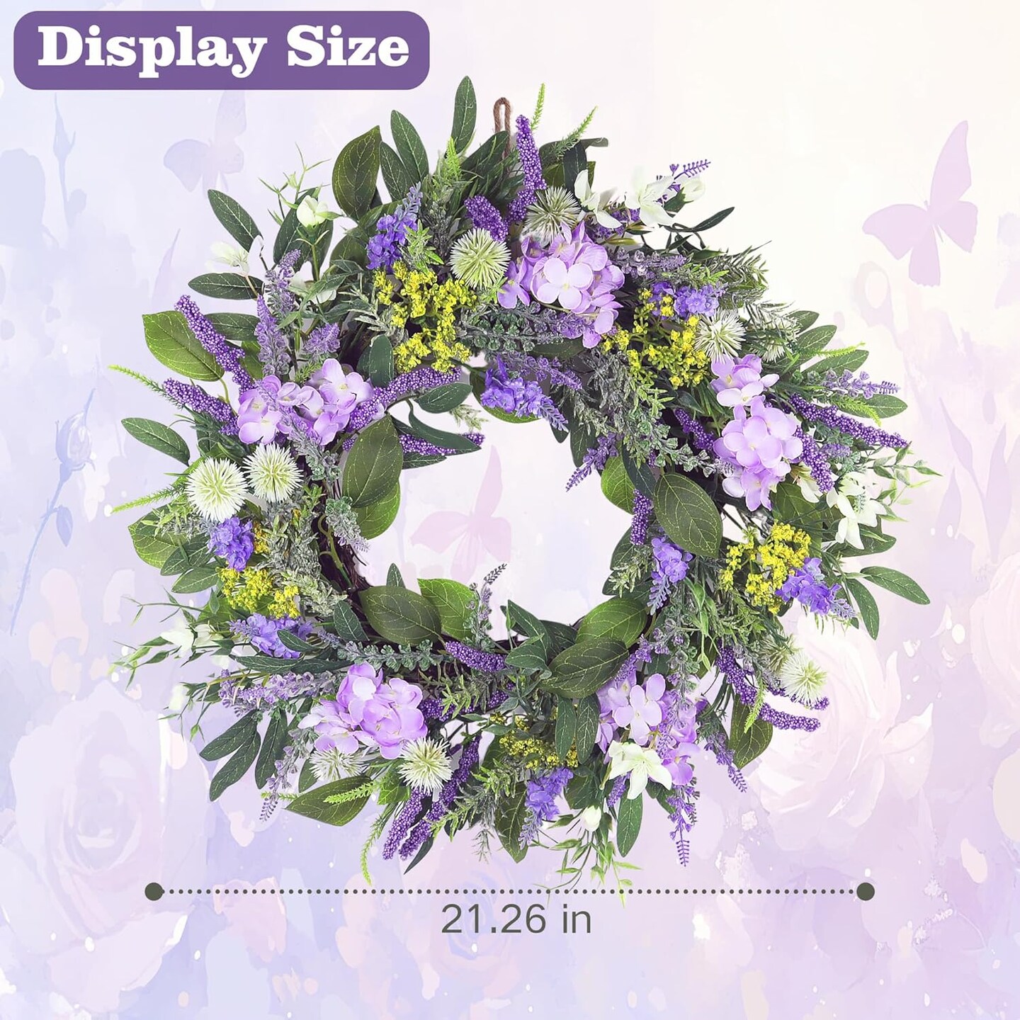 21 Inch Spring Wreath for Front Door,Artificial Summer Wreath with Lavender Hydrangeas and Greenery Leaves,Purple Flower Wreath for Home Wall Window Farmhouse Party Holiday Decor