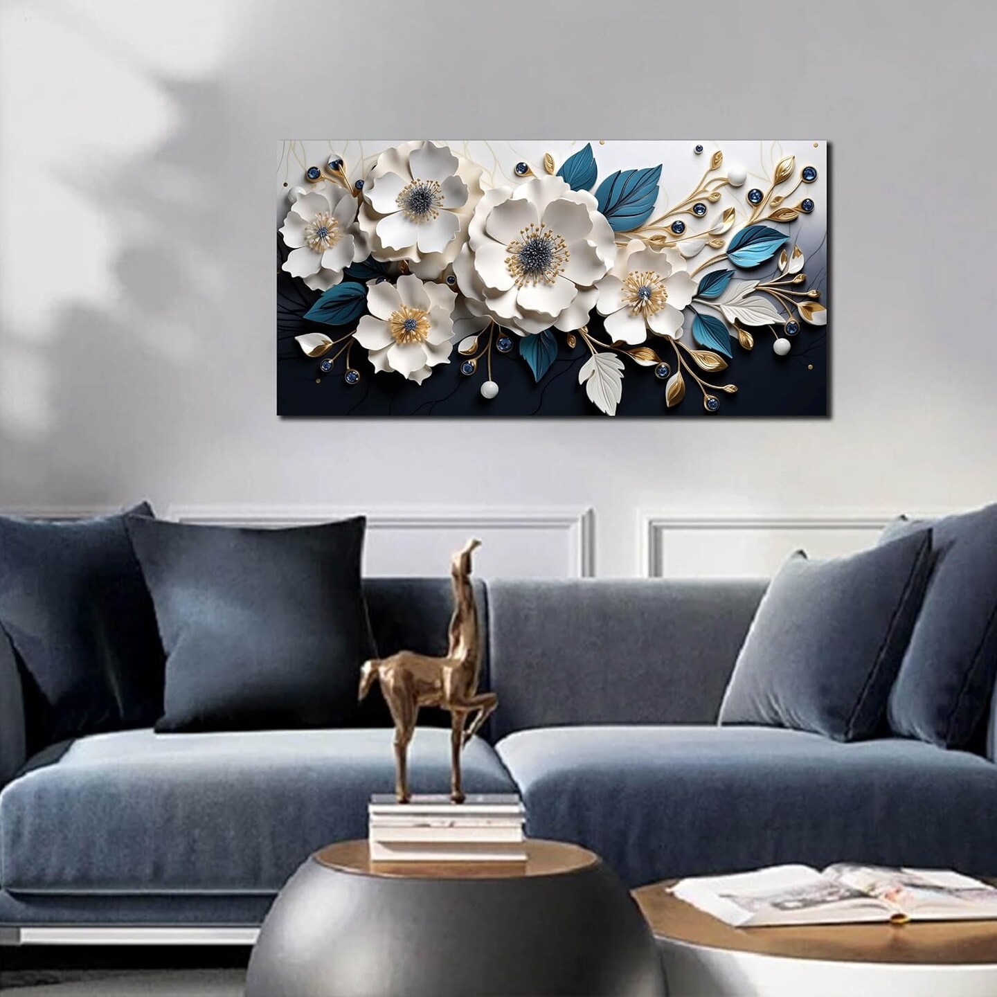 Large Canvas Wall Art for Living Room Bedroom Home Office White and Blue Floral Wall Art Botanical Picture Modern Framed Artwork Flower Canvas Prints 20x40 In