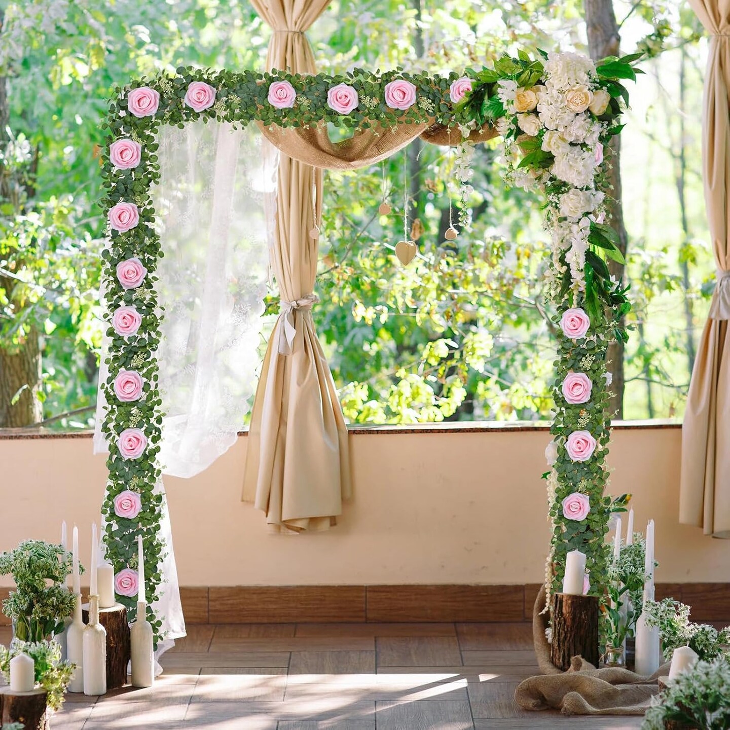 2 Pack 6 FT Artificial Flower Garland with Lights, Fake Floral Garland with Pink Rose, Pink Flower Garland Decorations for Wedding Centerpieces Backdrop Arch Party Room Wall Spring Decor