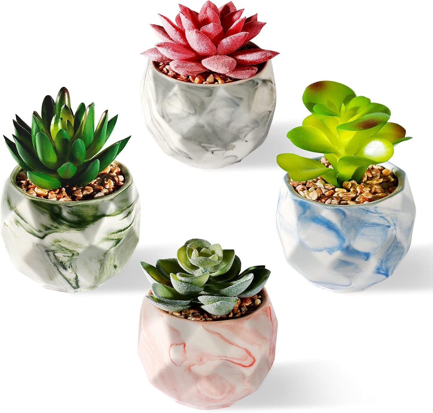 Succulents Plants Artificial - Upgraded Mini Potted Fake Succulent Plants for Home Office Desk Plant Decor, Assorted Small Faux Succulents in Rhombus Colored Marbled Ceramic Pots (Set of 4)