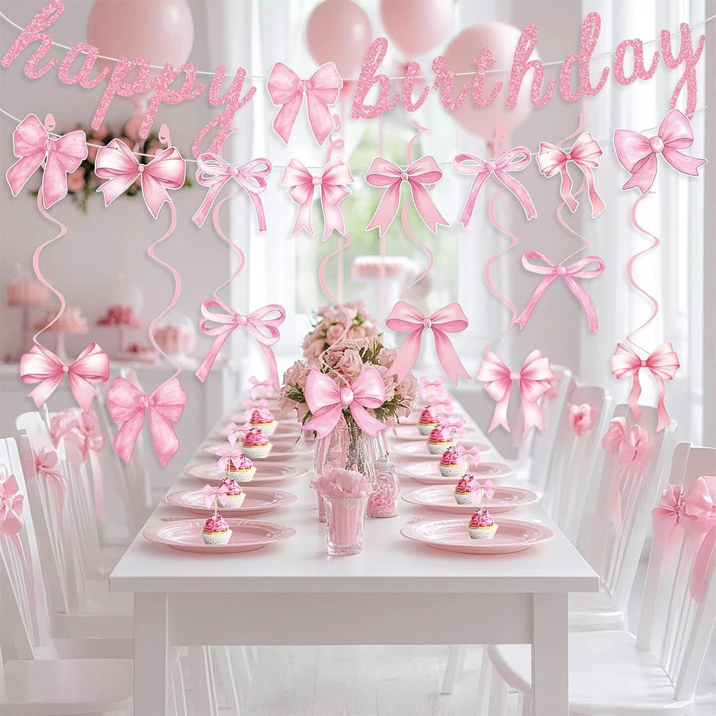 Pink Bow Banner Hanging Swirls with Bowknot Cupcake Toppers Happy Birthday Garland for Baby Shower Girls Pink Bow Room Decor Coquette Birthday Party Decorations