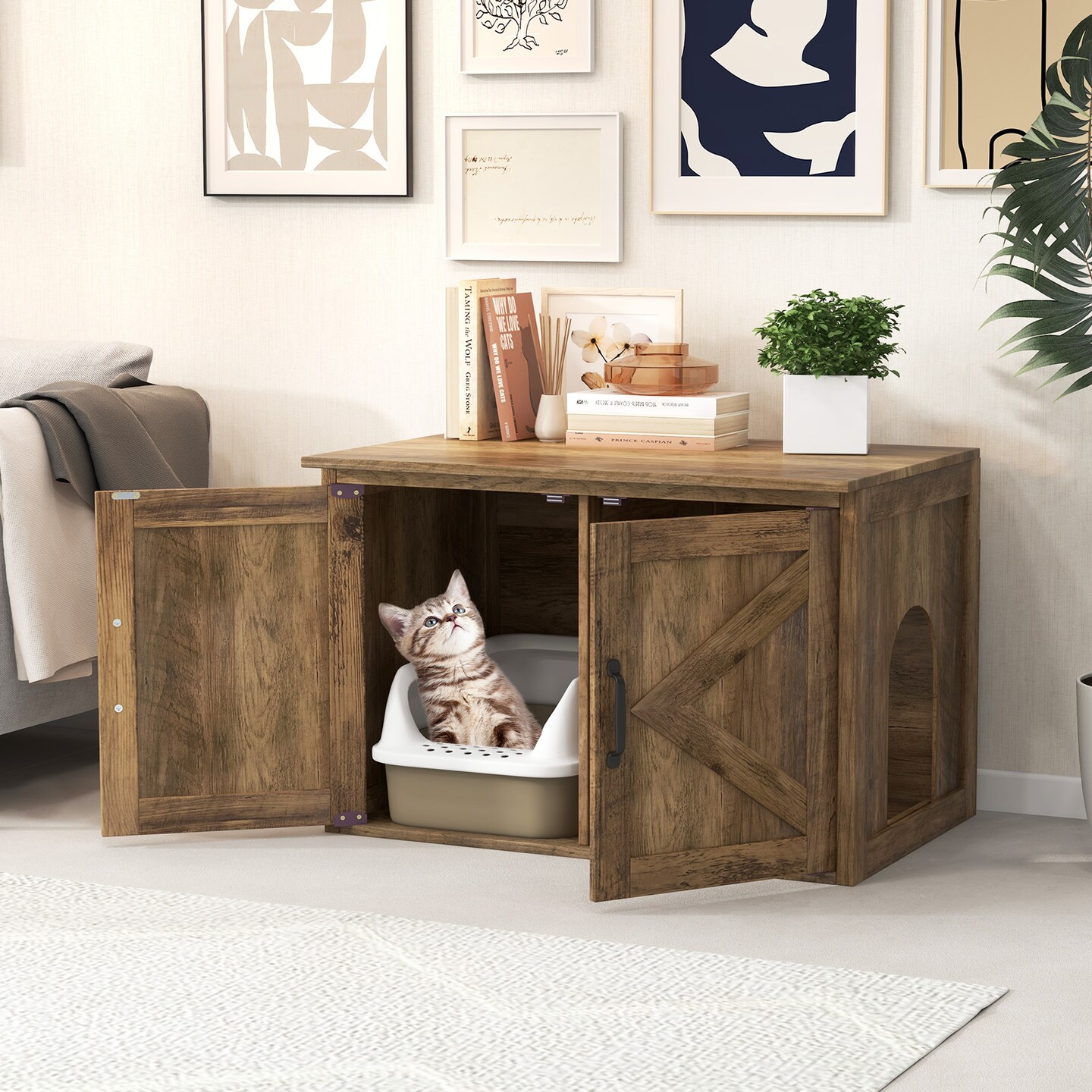 Oak Wooden Flip Top Hidden Cat Washroom Furniture with Removable Divider and Flip Top Opening