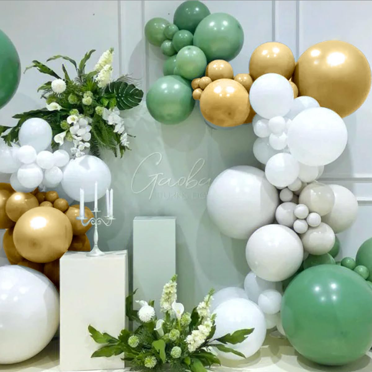 Green White Gold Balloon Arch Kit, 146Pcs Avocado Green Metallic Chrome Gold Confetti and White Latex Balloons
