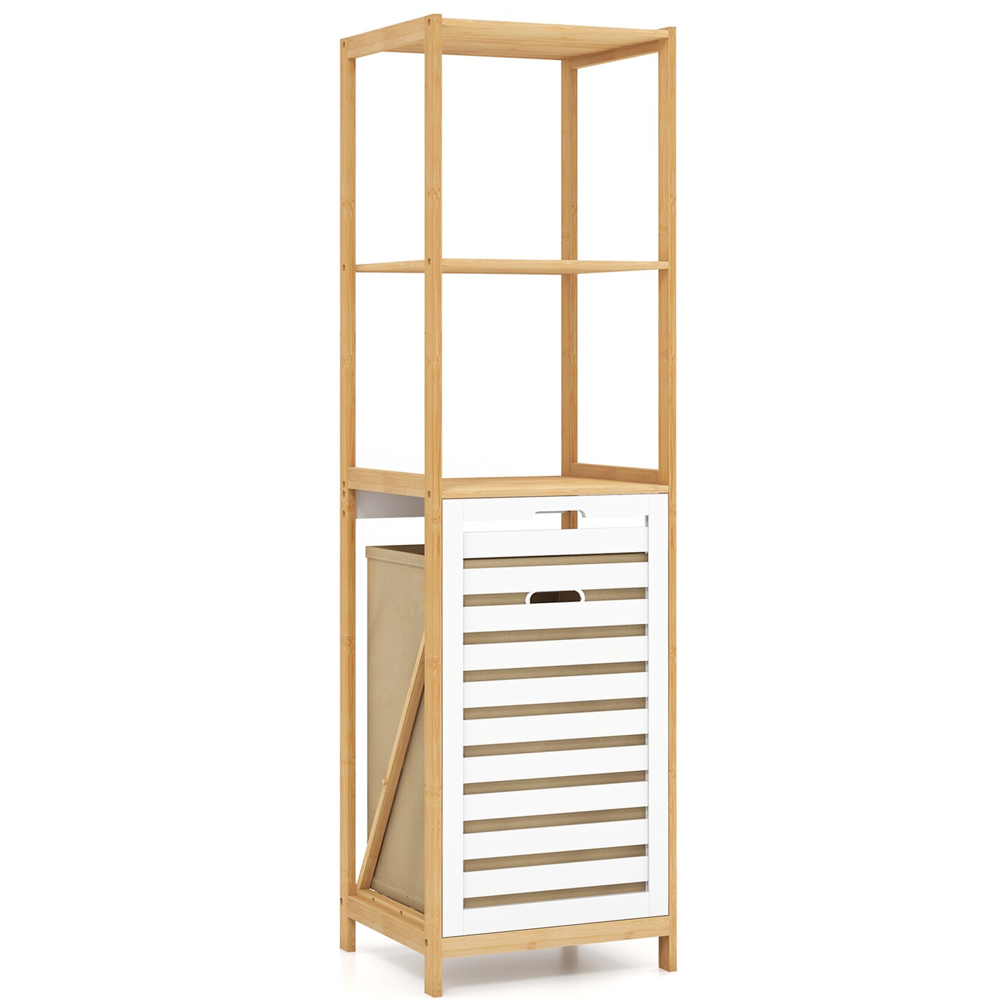 Natural 2-In-1 Storage Organizer with Tilt-Out Laundry Hamper and 3 Open Shelves