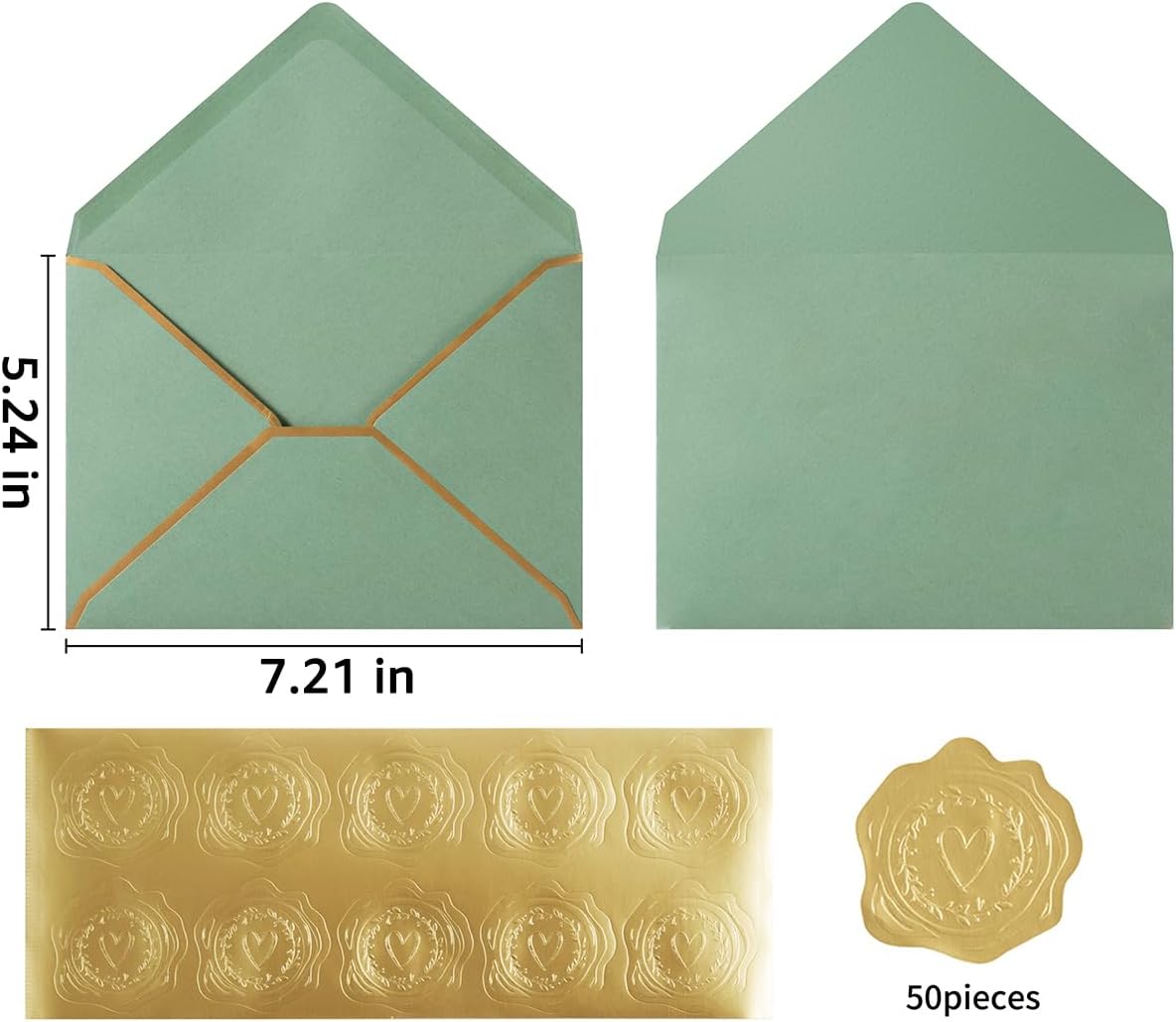 50-Pack A7 Sage Green Envelopes 5.24x7.21” – Gold Border with Stickers for Invitations