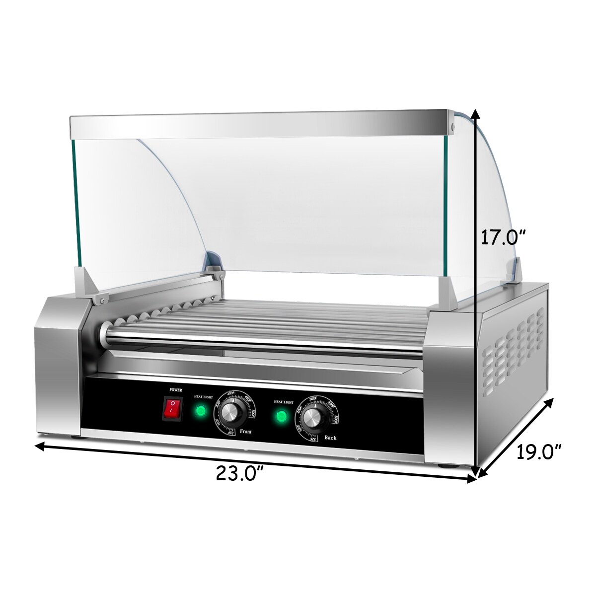 Silver Stainless Steel 11-Roller Hot Dog Grill with Glass Cover