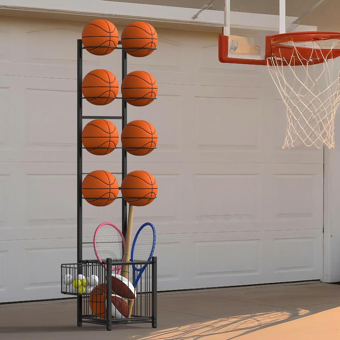 8-Ball Vertical Sports Rack with 2 Baskets &#x2013; Heavy-Duty Metal Ball Holder for Basketball, Soccer, Football, Rackets | Indoor/Outdoor Garage Organizer, Black