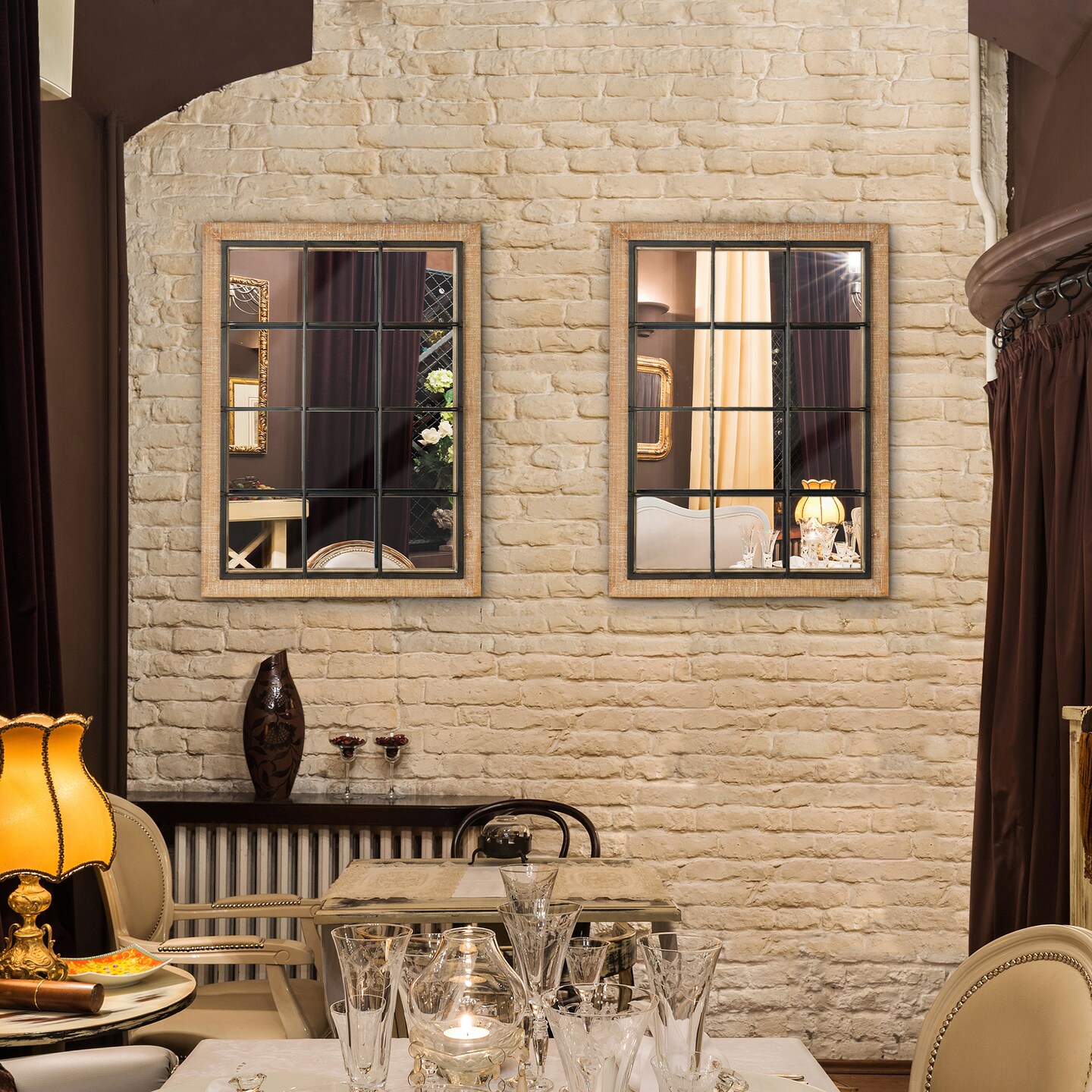 Set of 2 31.5&#x22;H Large Farmhouse Wooden Metal Windowpane Accent Wall Mirror