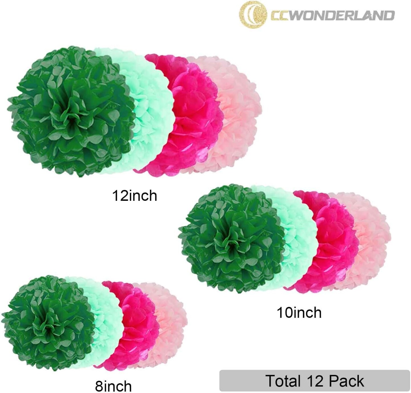 Green Pink Tissue Paper Pom Poms Decor-12PC Tissue Paper Flowers-Wall Hanging Decorations for Bachelorette, Neutral,Bridal,Baby Shower,Hawaiian Birthday Decorations 8,10, 12in