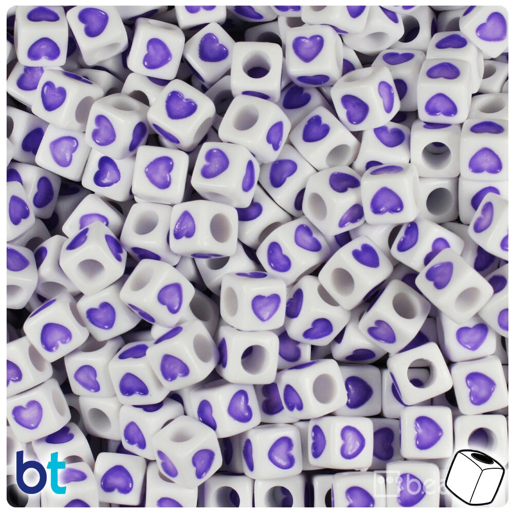 BeadTin White Opaque 7mm Cube Plastic Alpha Beads - Purple Hearts (150pcs)
