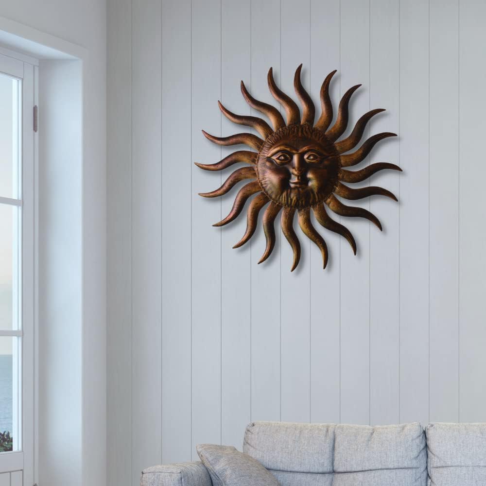 Summer Metal Wall Art Decor Outdoor Inside with 3D Sun Face, 31&#x22; Large Outside Sun Metal Decorations Hanging on House, Living Room, Bedroom, Patio, Fence, Yard (Bronze)