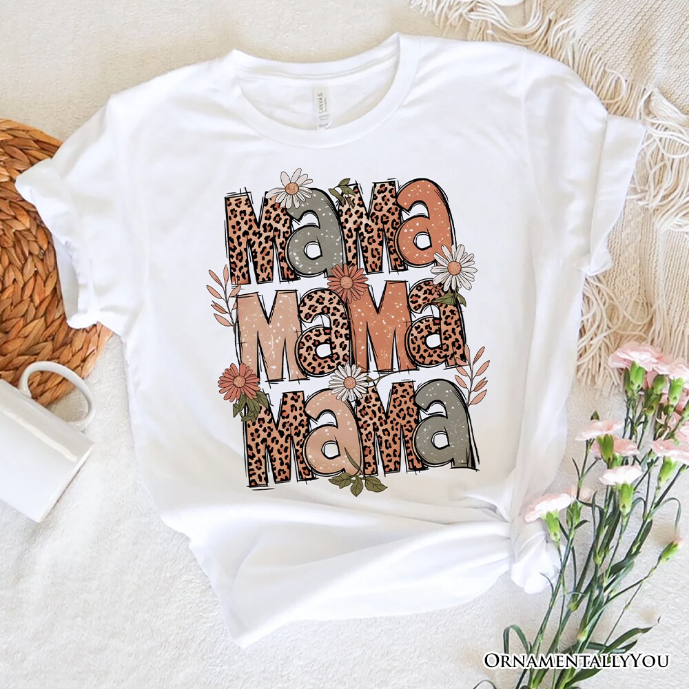 Leopard Mama Floral Retro T-Shirt, White and Natural Trendy Women&#x27;s Tee with Wildflower Accents