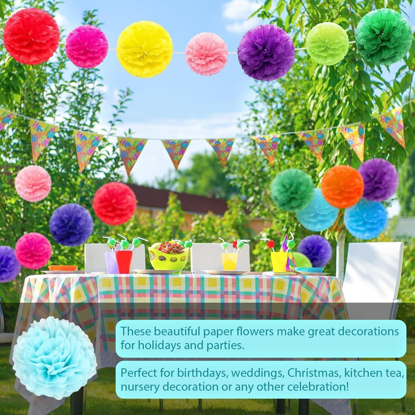20pcs Light Blue Paper Pom Poms Decorations, DIY Decorative Tissue Paper Pom-poms Flowers Ball for Party Wedding Outdoor Decoration