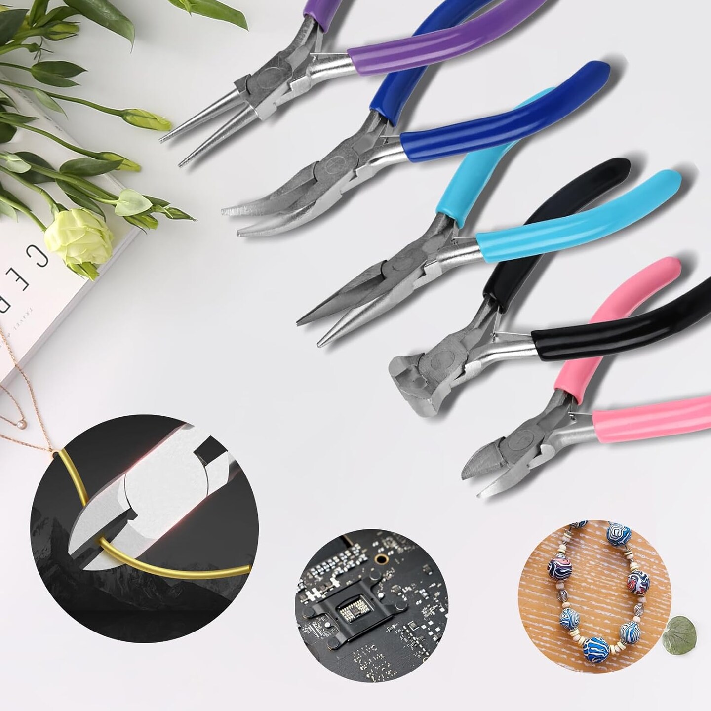 5 Pcs Jewelry Making Pliers Tools with Needle/Chain Nose Pliers, Round Nose, Bent Nose, End Nipper Pliers and Wire Cutter Jewelry