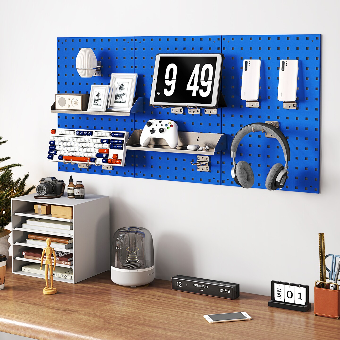 28 Pieces Wall-Mounted Pegboard Kit with 2 Storage Shelf Ideal for Garage Workshop