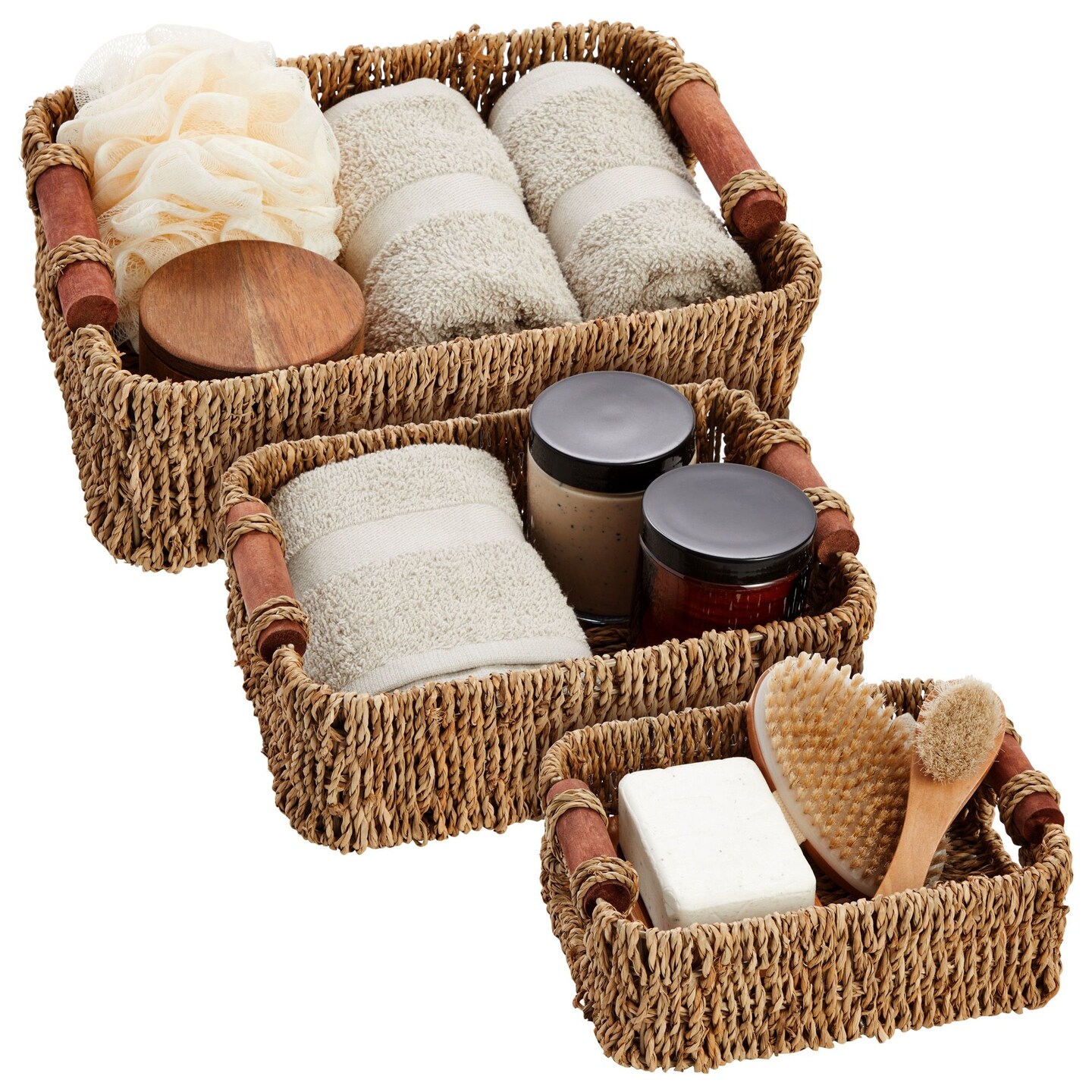 Juvale Three Nesting Wicker Baskets - 11 x 8 x 3.5 in, 9.5 x 7 x 3 in, 7.5 x 6 x 2.5 in, Brown, Set of 3 - Storage Basket Set & Bathroom Storage