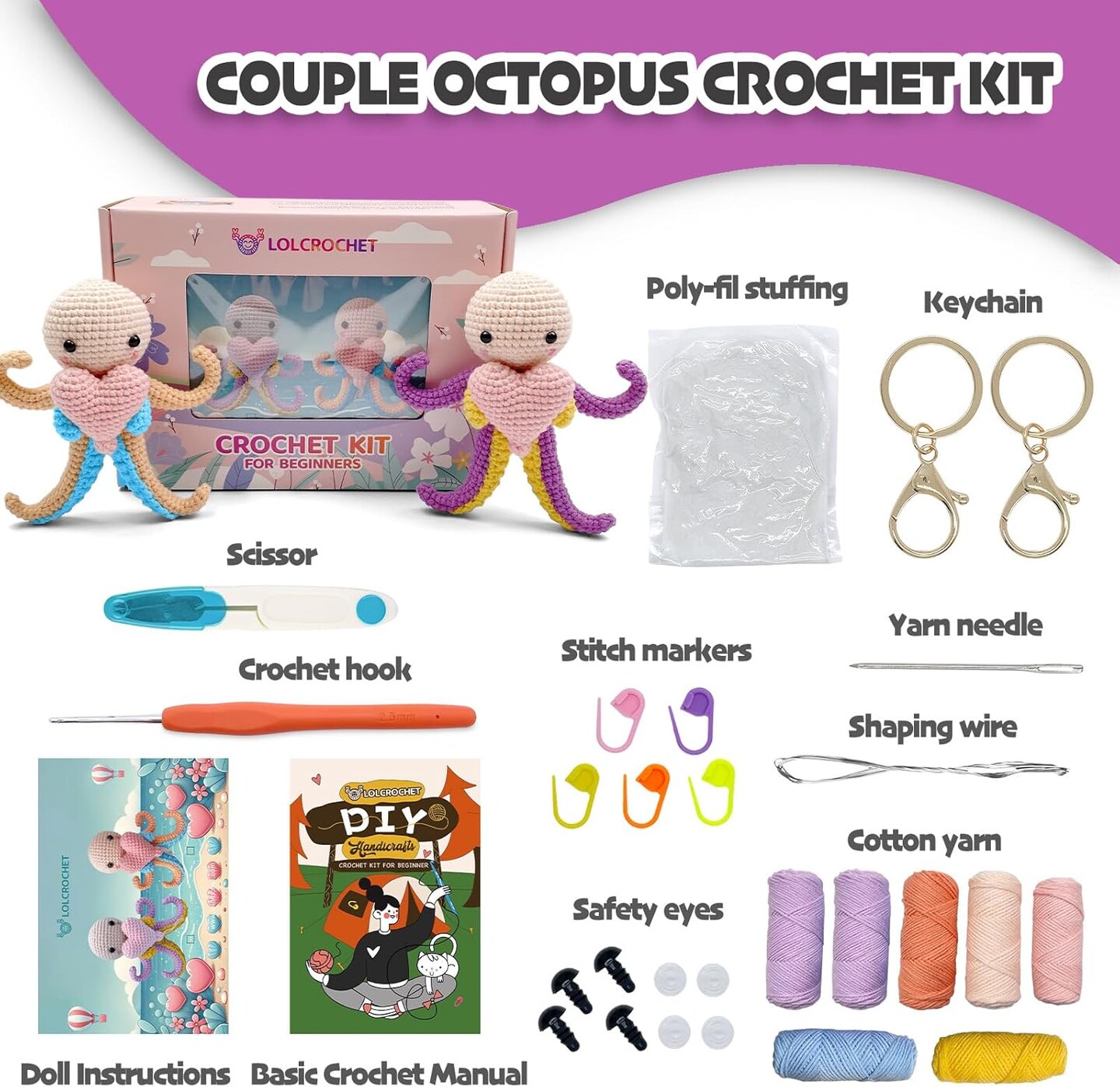 Octopus Crochet Kit for Beginners, Valentines Day Ocean Animals DIY Amigurumi Starter Set