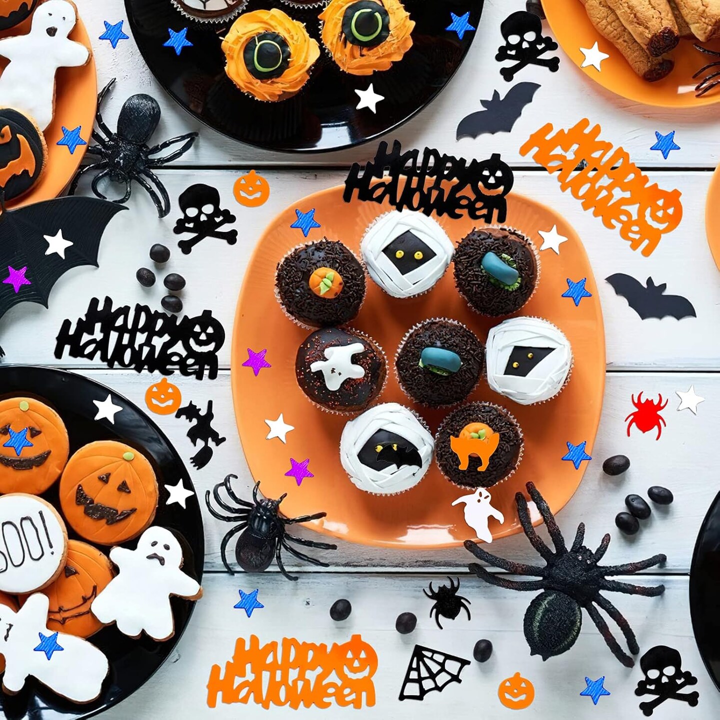 Halloween Party Table Scatter Confetti, Halloween Supplies Foil Metallic Sequins Confetti Trick Or Treat Party Sprinkles Confetti Decorations Pumpkin Bat Ghost Witch Skull Spider Decor, 60g